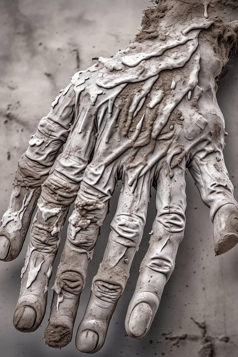 A big hand of a giant human textured with white powder and muddy skin with cracks and corrosion
