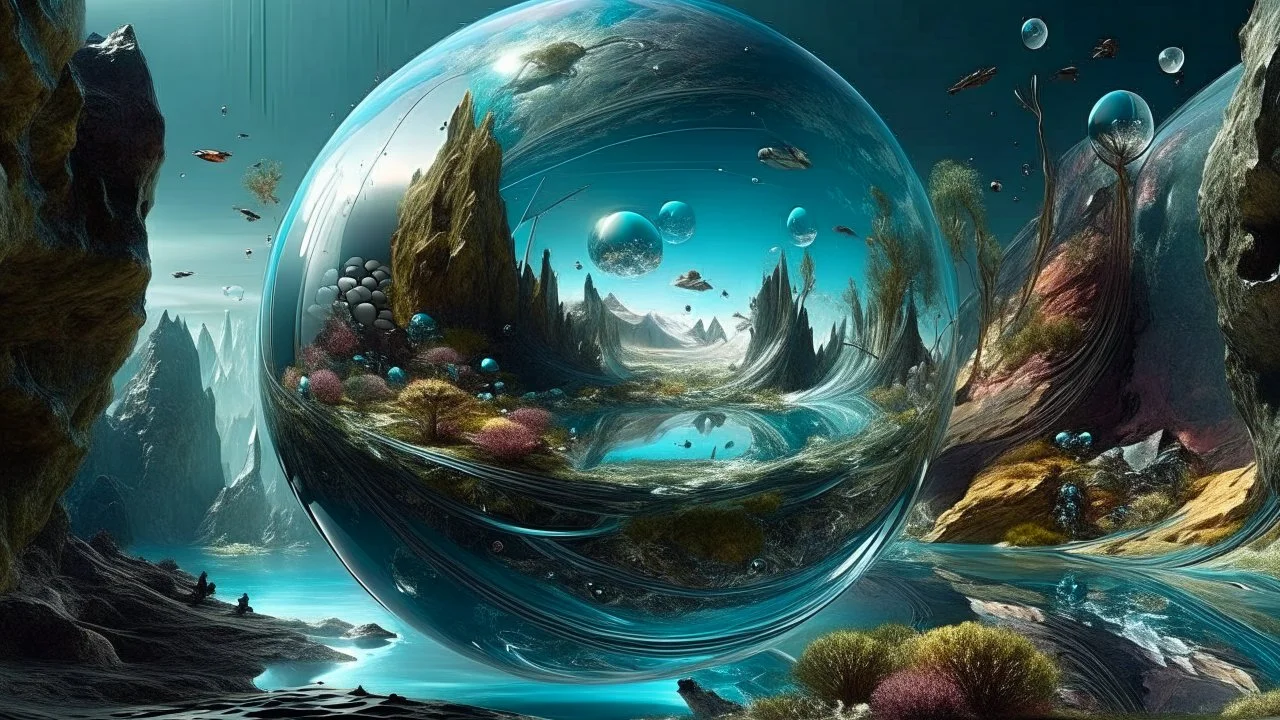 photorealistic gigantic glass planet full of lifeforms floating in a giant exoplanet, Trompe-l'œil, galactic warpdrive, multiverse