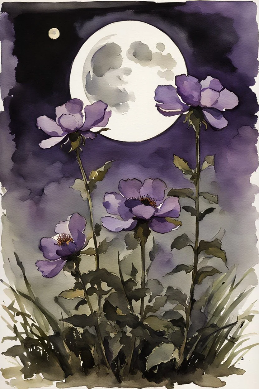 Night, purple flowers, moon, gothic horror films influence, winslow homer watercolor paintings