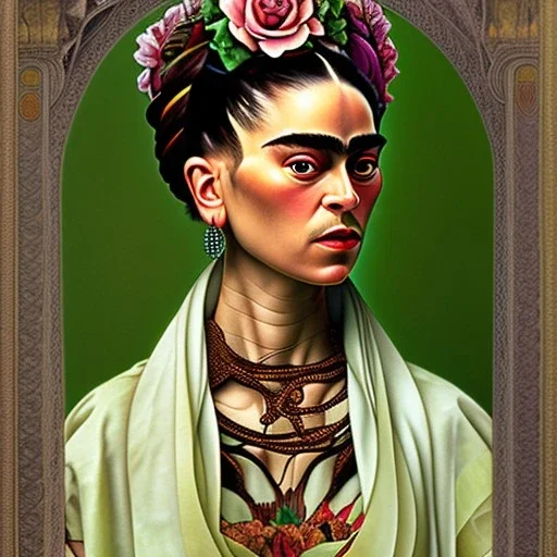 A beautiful portrait of Frida Kahlo by alphonse mucha, japanese tatoos, 4k, high details