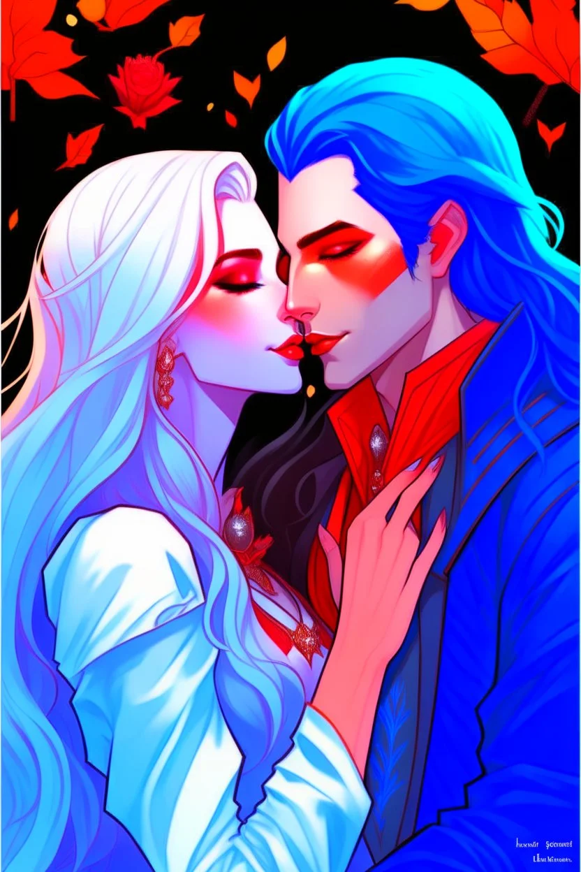 A couple from the dnd game curse of Strahd. The woman has long white hair and blue eyes, the man has LONG BLACK hair and red eyes, no facial hair. KISSING