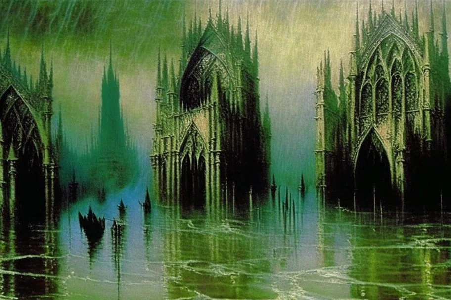 Flooded gothic cathedrals on a lake by artist "Piranesi" by artist "Turner" by artist "Leonora Carrington" by artist "John Atkinson Grimshaw"