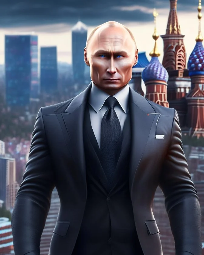 Anthropomorphic Putin in a suit full body ninja full head hyper-detailed city background 8k