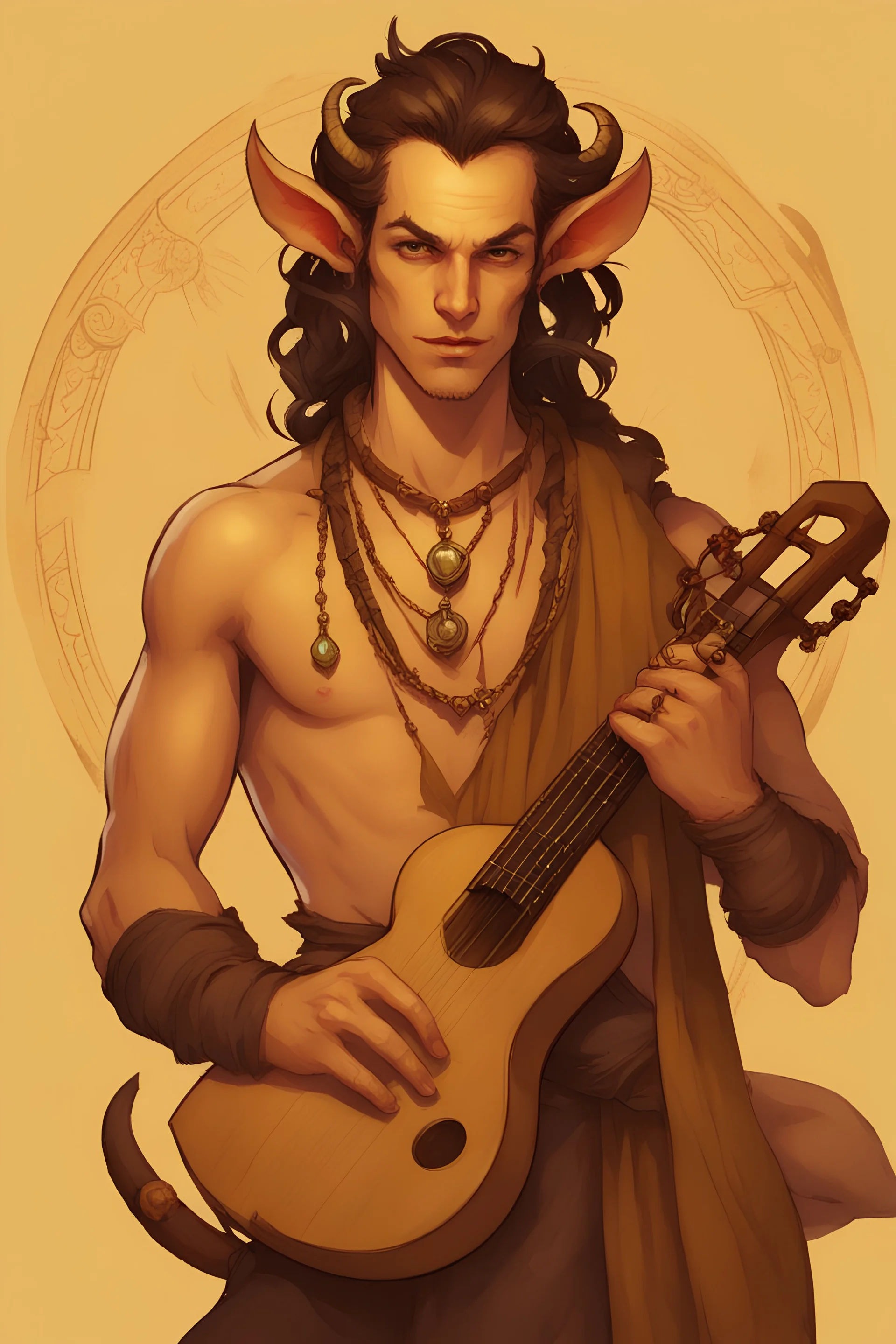 A handsome yellowish skin tiefling bard with a lute in hand wearing no shirt and lots of jewellery