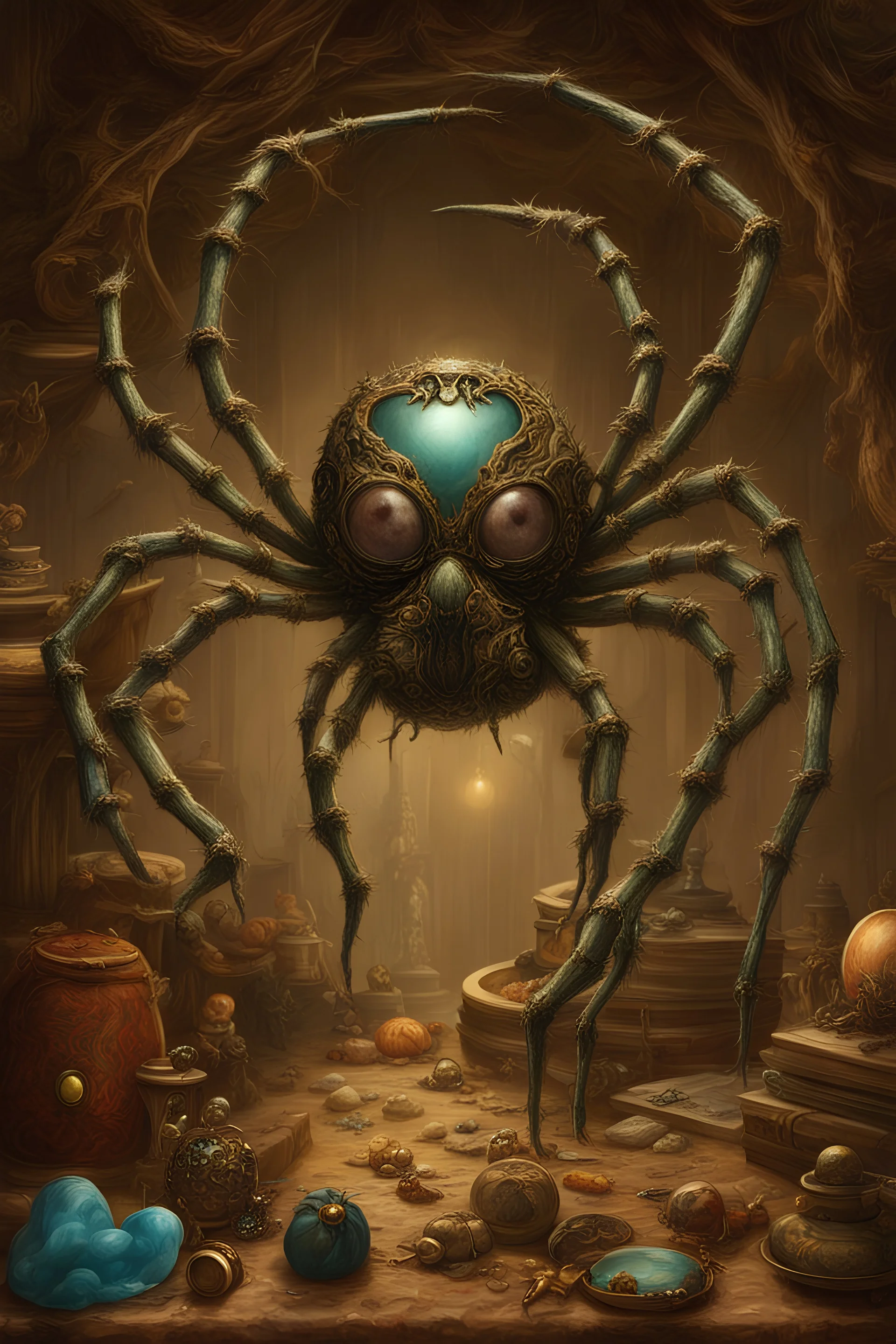 An imaginary monster spider treasures my treasure of jewelry in a wonderful, harmonious imaginative scene