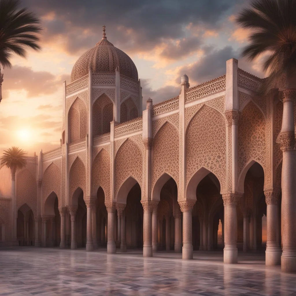 Hyper Realistic Beautiful Moorish Architecture at cloudy sunset showing dramatic & cinematic ambiance