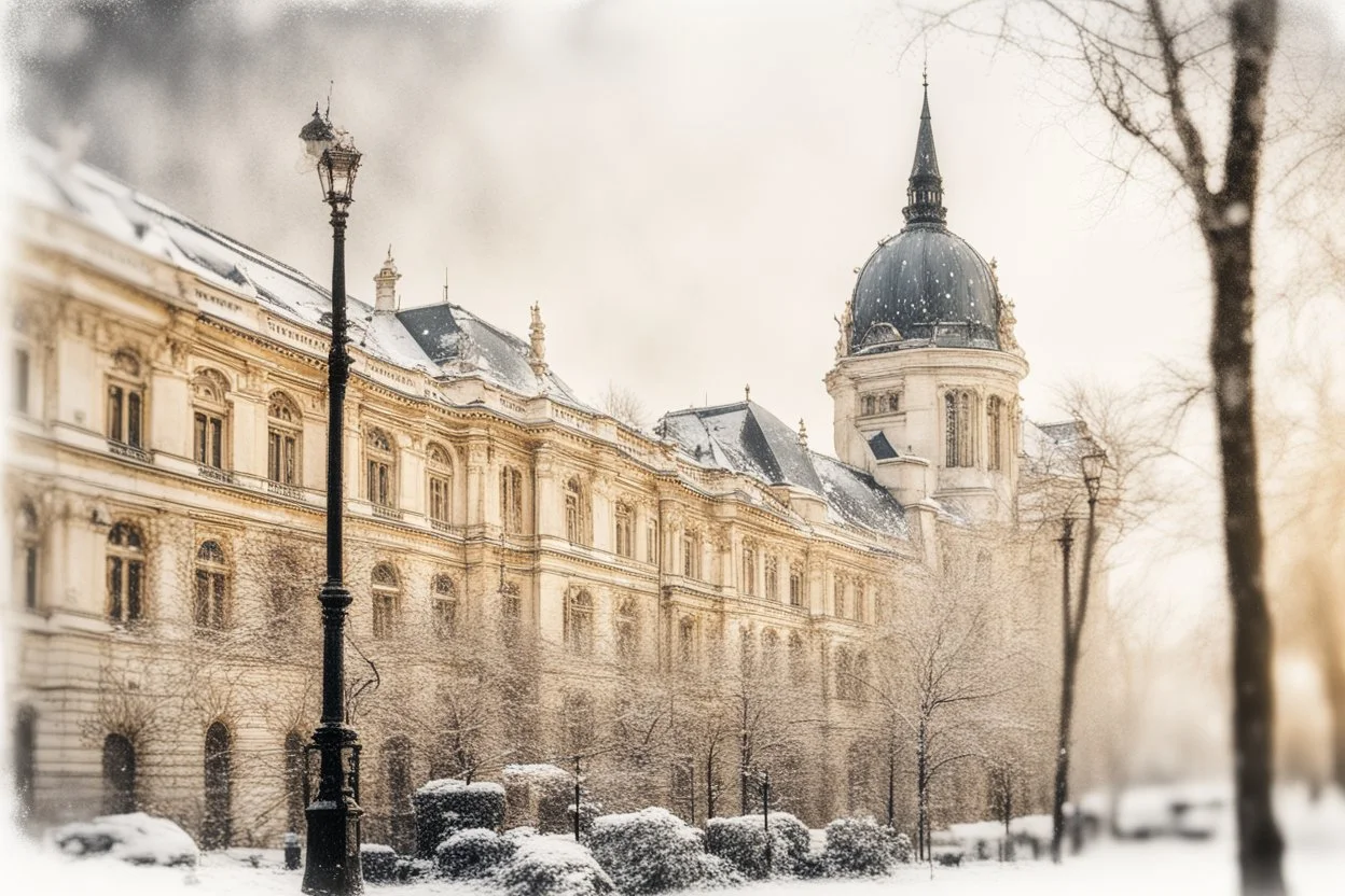 Budapest in the snow in the sunshine, watercolor and black ink outlines, sparkling golden glitter, ethereal, cinematic postprocessing, bokeh, dof