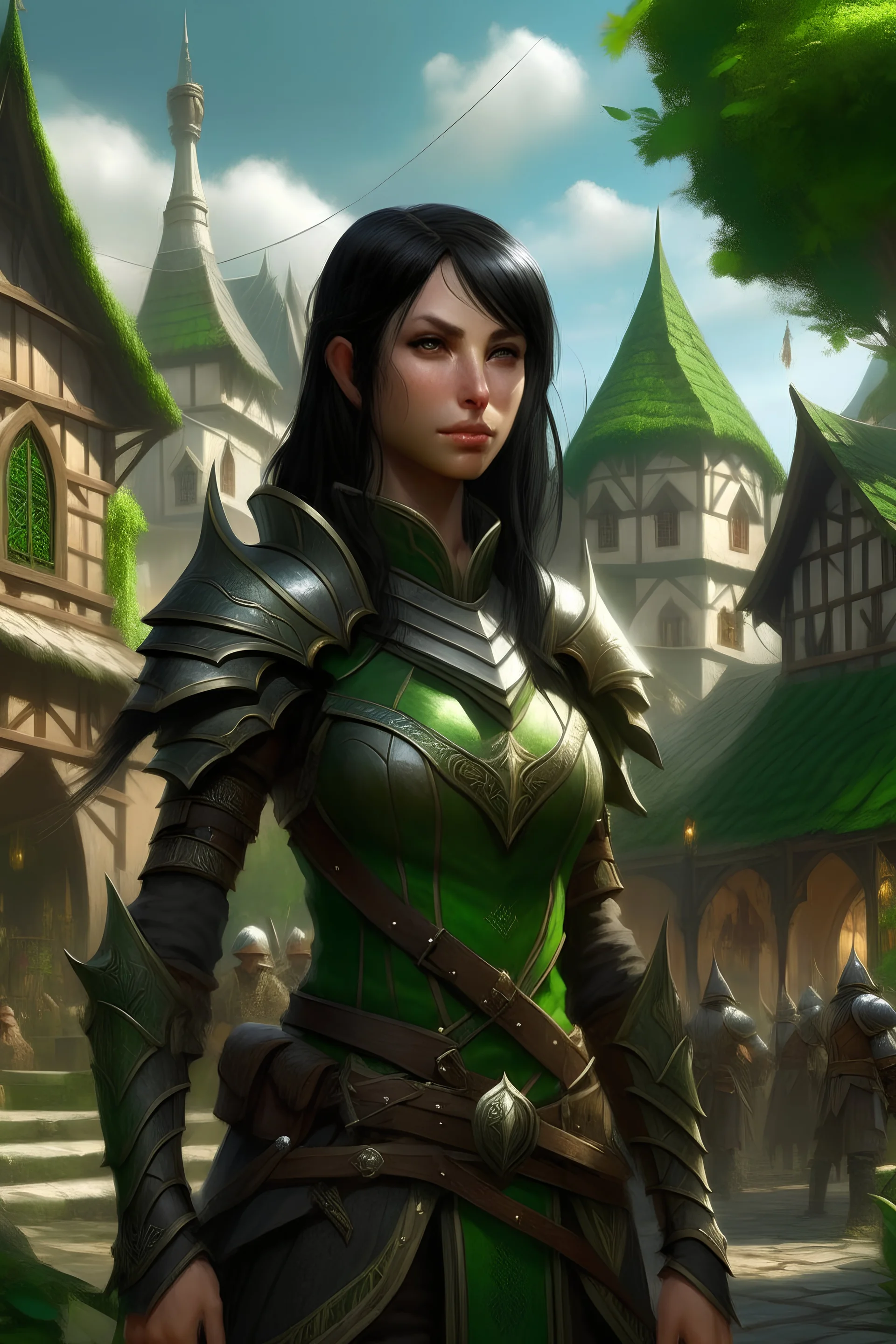 elf girl, shadowheart, armor, pointy ears, black hair, braided ponytail, bangs, green eyes, circlet, magic, town, village, medieval, outdoors, masterpiece, (highres), absurdres, 4K, 8K, 16K, deep eyes, stunning, intricate, sharp, smooth, realistic, full body