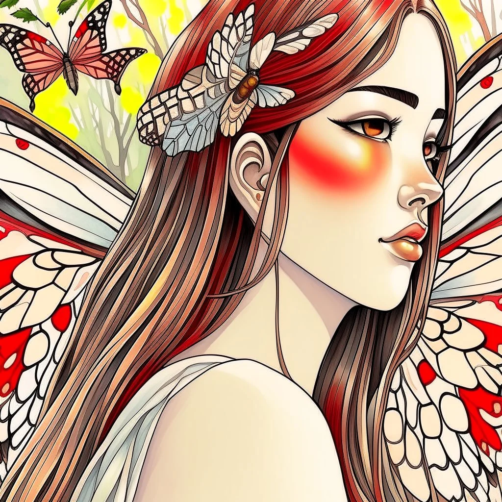 A close-up headshot of a woman with long brown hair, red eyes, fuzzy moth antennae, and Japanese Silk Moth moth wings on her back, watercolor, intricately detailed, high definition, 4k, anime, forest background