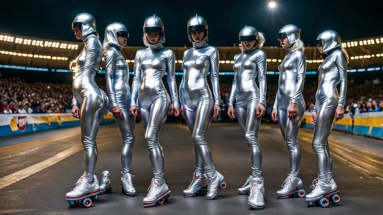 Hyperrealistisch dutzende Rollergirls völlig verhüllt von hermetischen silber glänzendem Ganzkörper-Zentai mit geschlossenem undurchsichtig verspiegeltem Visier in identischen silberfarbenen, geschlossenen Helmen fahren in präziser Formation parallel nebeneinander und hintereinander mit silbernen Rollerskates unter Stadion-Flutlicht auf Asphalt