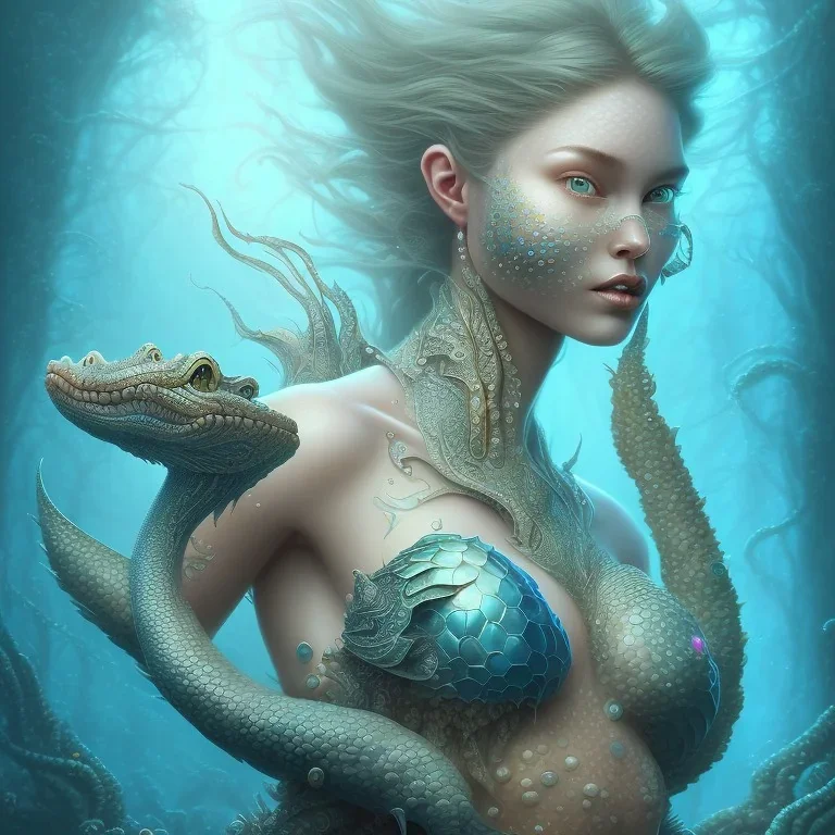 sango fantasy, fantasy magic, intricate, sharp focus, illustration, highly detailed, digital painting, concept art, matte, artgerm and paul lewin and kehinde wiley, masterpiece sexy lips African lady body mermaid alligator head turquoise space lady beach sea under water mermaid seaweed