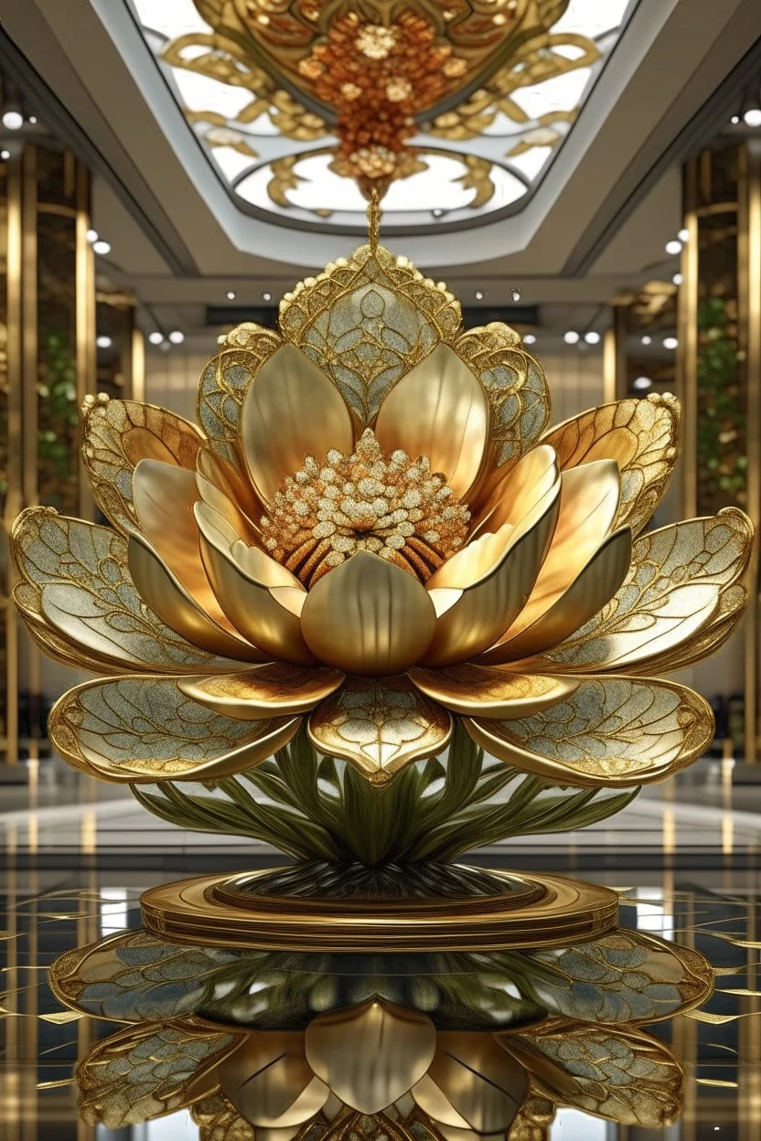 A giant lotus flower sculpture with intricate gold patterns, placed in a luxurious shopping mall atrium, surrounded by reflective water pools and soft ambient lighting. 3D metallic finish, Indian and Asian heritage theme."