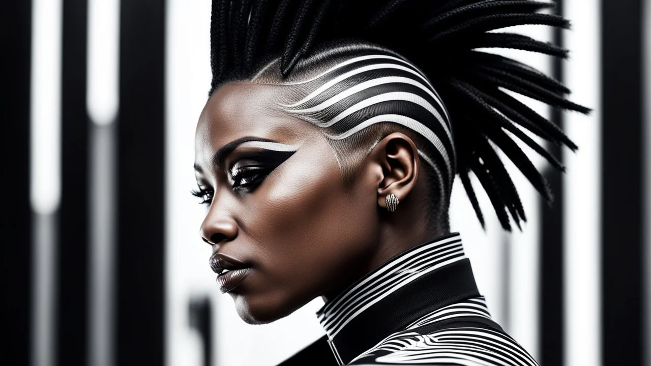 minimal profile of a female African cyberpunk wizard with a striking mohawk hairstyle and intricate shaved patterns on the side of their head, wearing a black and white horizontal thin striped shirt. The background is a blurred, high-contrast mix of black and white lines, suggesting motion and urban settings; overheat, dramatic, cinematic, sudden jolt dynamics, great parallels, great reflections, unsettling shadows, surreal futurist architecture art, surreal liminal space, tribal style,