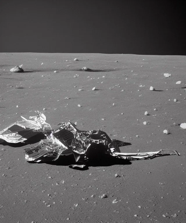 Crashed futuristic industrial mechanical space ship on the moon lunar surface