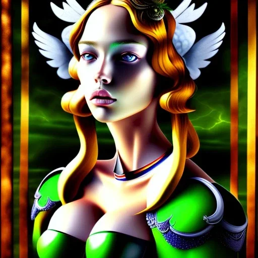 portrait of a beautiful busty Storm with green eyes riding a great eagle by Sandro Botticelli style