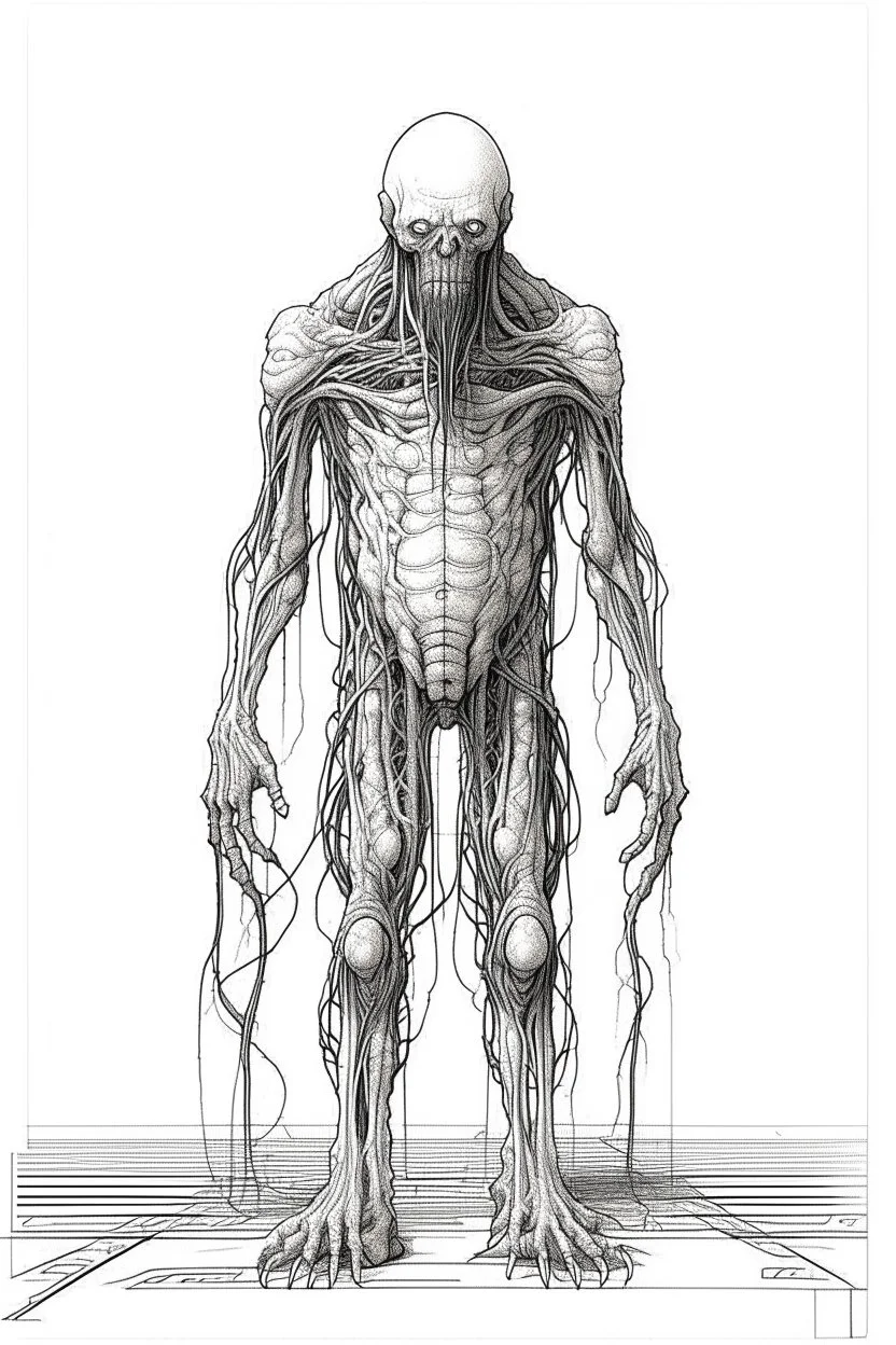 The full body of one fat old men , a thin line draw , front view camera, decayed and rotting with grotesque proportions and imagery. surreal horror, biomechanical design, by hr giger and beksinski , fine lines draw all white picture