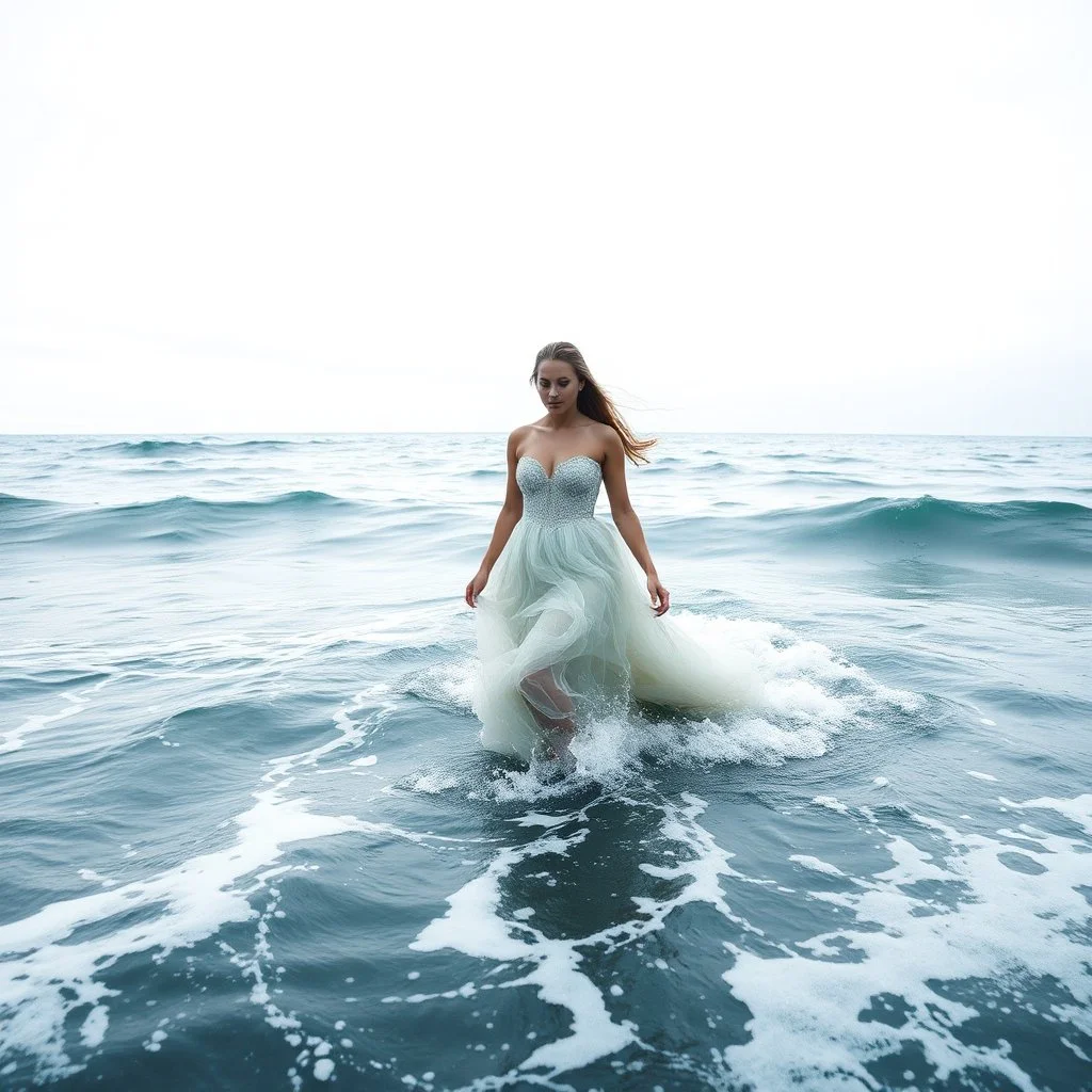 Born of the Ocean walking looking at camera in Ocean Where the sea becomes a gown and every wave moves with her. A moment of gown in waves ,