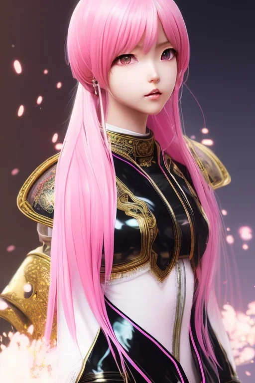 Detailed cute anime Kunoichi girl, pink hair buns, pink bangs, black latex bodysuit, intricate details, full body portrait, keep head in frame, slight smile, black Japanese motif, concept art, highly detailed, digital painting, concept art, sharp focus, illustration, art by Yoji Shinkawa, WLOP and greg rutkowski and alphonse mucha and artgerm and yanjun Chen and Junji ito and Makoto Shinkai, HDR, octane render