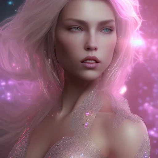 A portrait of a crystalised queen, atmospheric, realistic, unreal engine, cinematic lighting, octane render, transparent, long blond hair, pink lips, extremely sharp detail, finely tuned detail, ultra high definition, 8 k, unreal engine 5, ultra sharp focus, accurate sword wings, positive smile, highlight luminous suit blue and pink