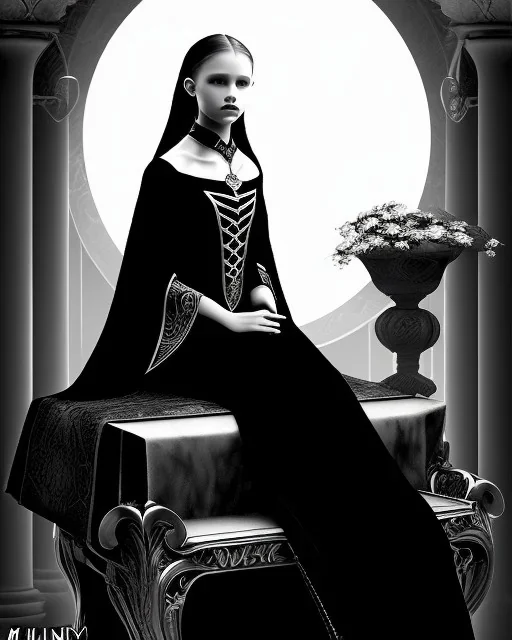 A young vampire girl sitting on a great throne, black and white