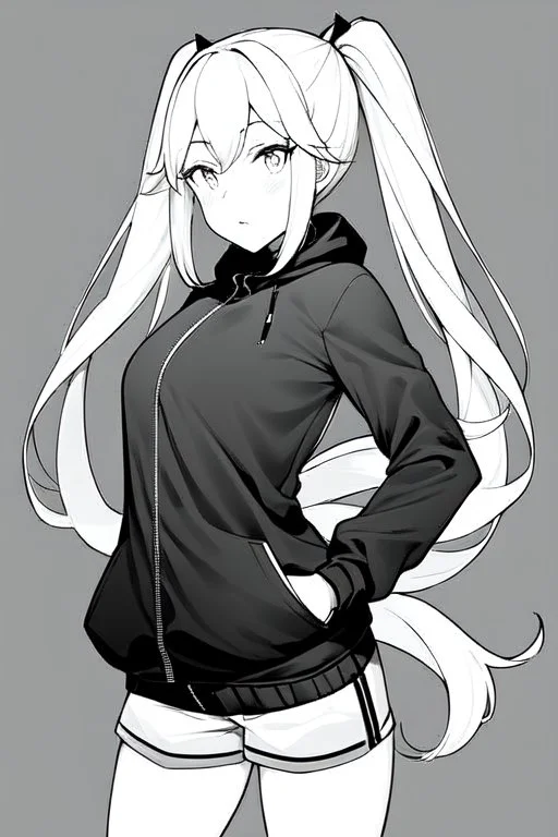 blonde girl with ponytails dressed in a jacket and shorts walks proudly, greyscale