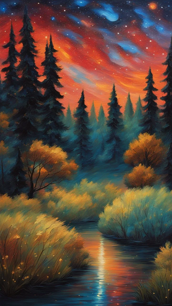 Painting of the night sky with stars and trees, colorful night sky, starry night painting, magical forest background, night background, vibrant painting, atmospheric dream painting, night sky background, colorful painting, colorful stars, Beautiful paint art, dream landscape art, beautiful painting, oil painting, oil painting on canvas, inspired by Vincent Van Gogh