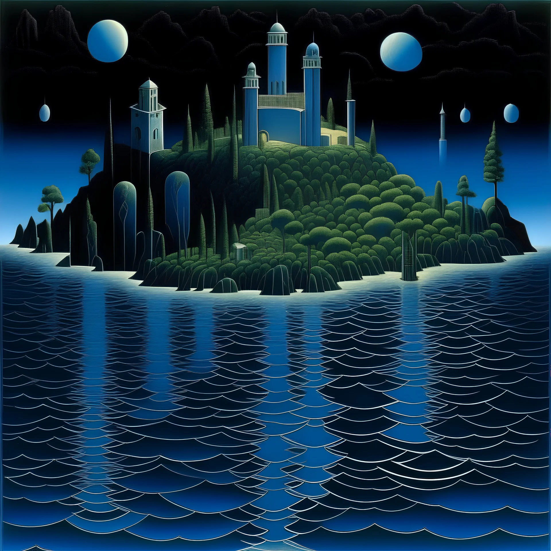 Tall towers on an island in the middle of the ocean in nighttime painted by M.C. Escher