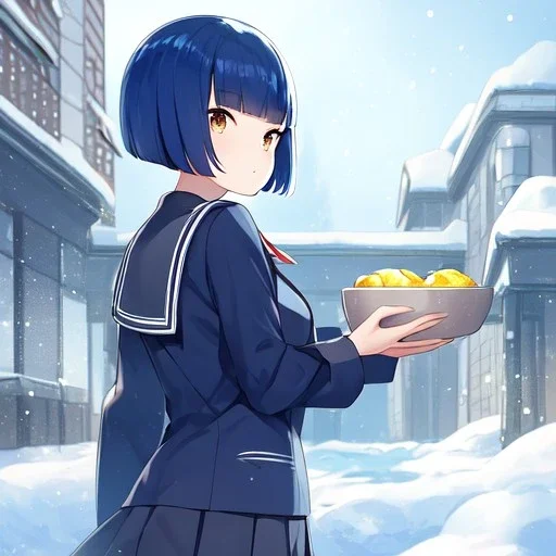 Clear Focus, High resolution, a girl in the snow, wearing a sailor uniform, bowl cut and a long ponytail, blue hair