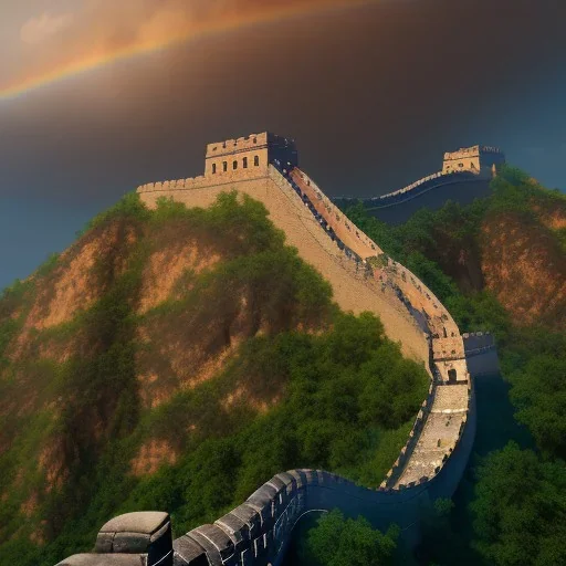 The Great Wall of China, sunset rainbow, waterfall