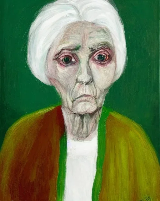 Abstract portrait of a dignified old woman with green eyes and white hair