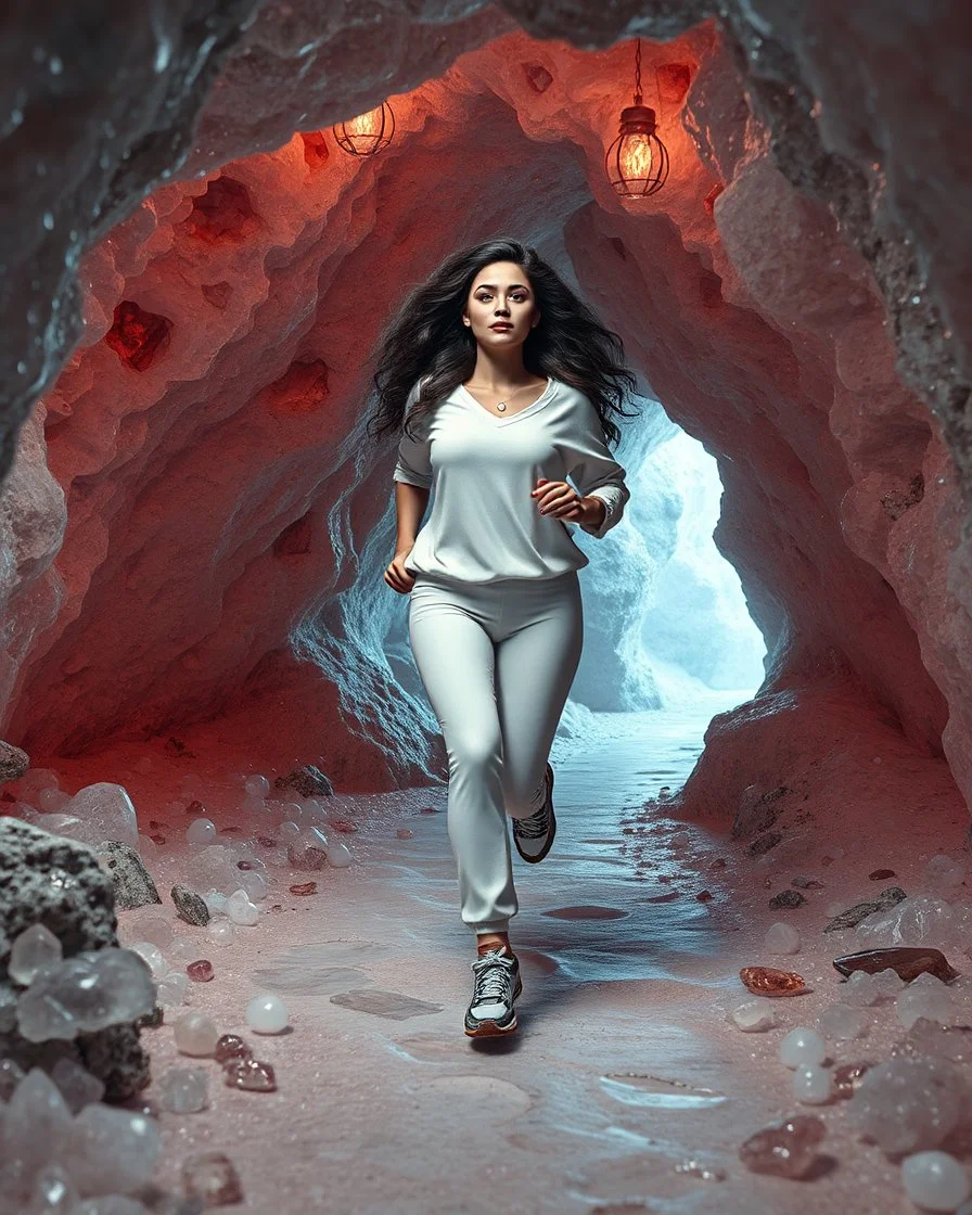make a picture pretty crystal cave covered with jwells and 3d recursive cubic and sphere base pearls and Gemstone species, a beautiful goddess lady with curvy hair,makeup, in pretty modern today pants and loose shirt and sport shoes with jewels is running inside cave ,dynamic camera fallow her inside cave capturing full body, dynamic lights.