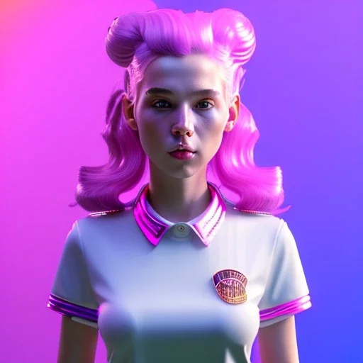 waitress teenager, color makeup, pink hair, coffee cup, rounded face, shirt, vibrant color, cyberpunk style, highly detailed, art stations, concept art, smooth, unreal engine 5, god rays, ray tracing, RTX, lumen lighting, ultra detail, volumetric lighting, 3d, finely drawn, high definition, high resolution, gradient background