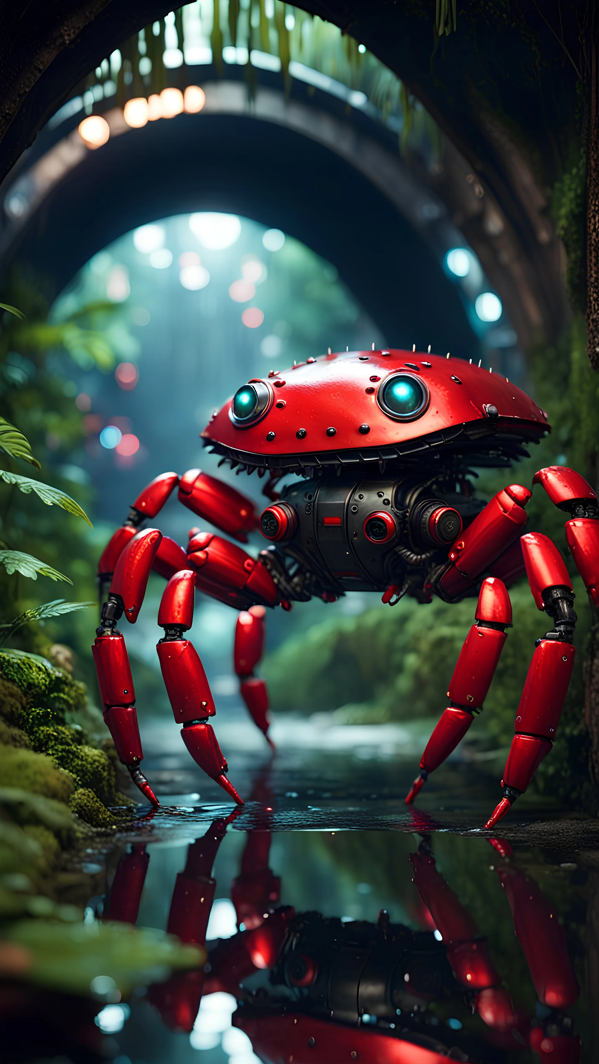 magazine cover, metallic red crab robot chivalry knight with cute face in dark lit reflective wet jungle metallic hall dome hotel tunnel, in the style of fallout 4 game,bokeh like f/0.8, tilt-shift lens 8k, high detail, smooth render, down-light, unreal engine, prize winning