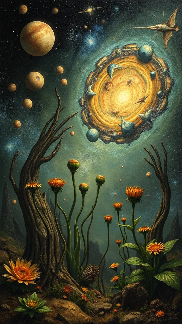 Hieronymus Bosch style nightmares plants in the galaxy