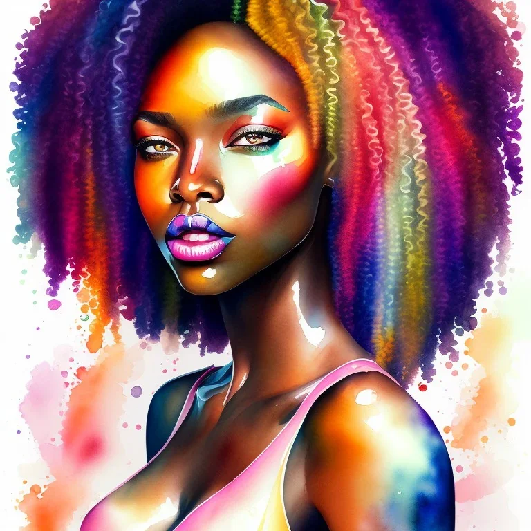 Portrait of beautiful black woman, watercolor , bright colors, long curly hair