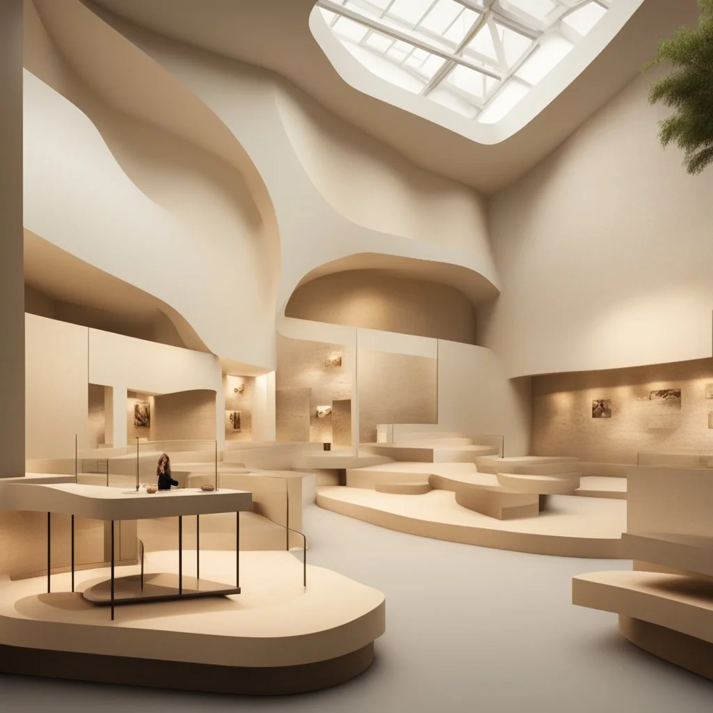 Museum design with “interactive exhibition halls”, natural lighting, modern style, earthy colours