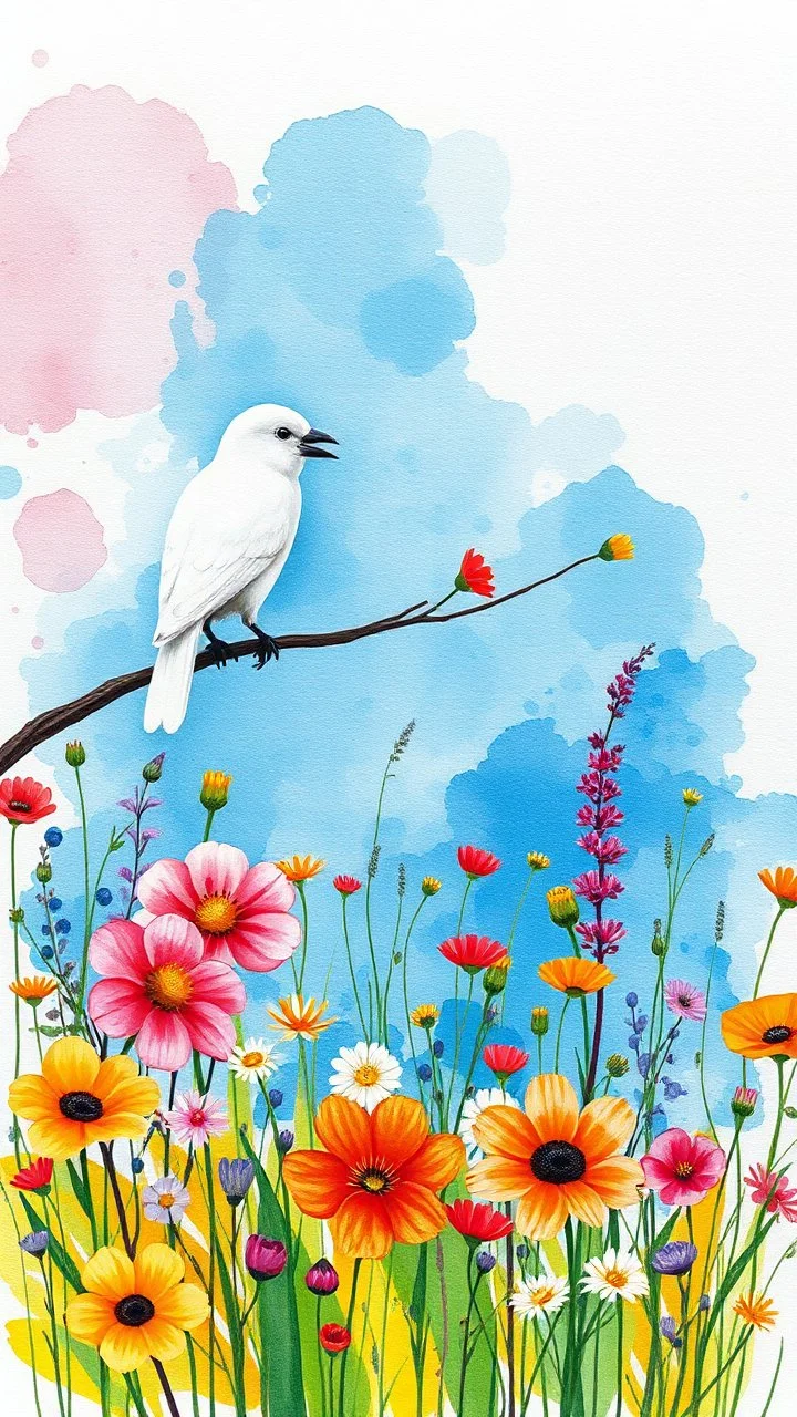 a smear . Field of wild a colorful flowers watercolor drawing on a blue splash colors background with a beautiful white bird on a tree branch