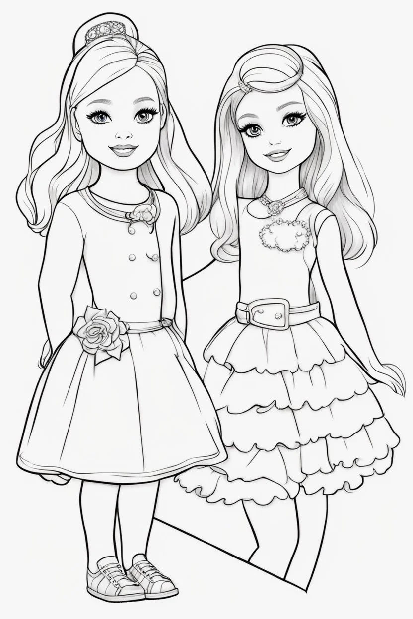 outline art for kids barbie coloring pages with barbie with her 2 friends , no background, sketch style, full body, only use outline, mandala style, clean line art, white background, no shadows and clear and well outlined. should look exactly like barbie