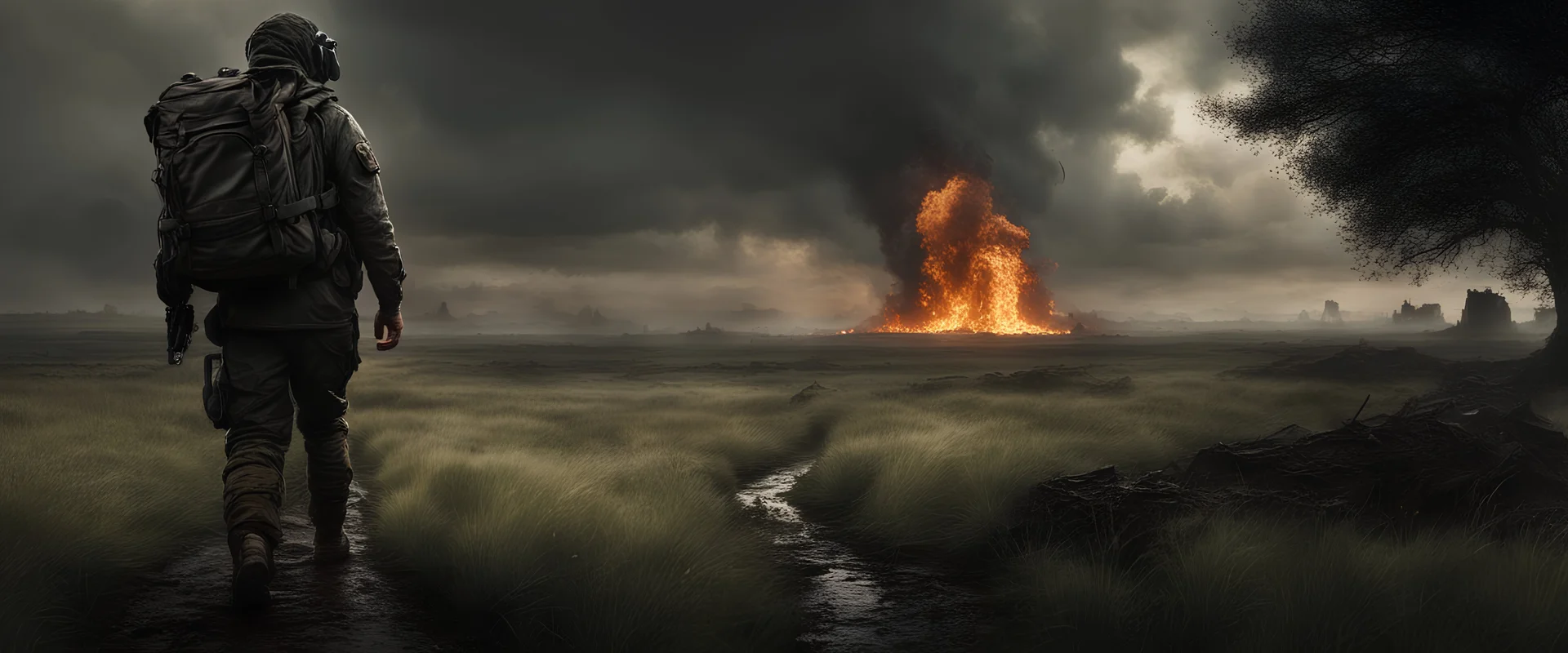an armed survivor in special forces gear, walking though a dutch polder landscape, photorealistic. gloomy sky. it's raining. a burning city in the distance. the survivor has a big backpack. craters are visible. the grass is the short dutch type. it's twilight. the whole thing has a scary post apocalyptic vibe.