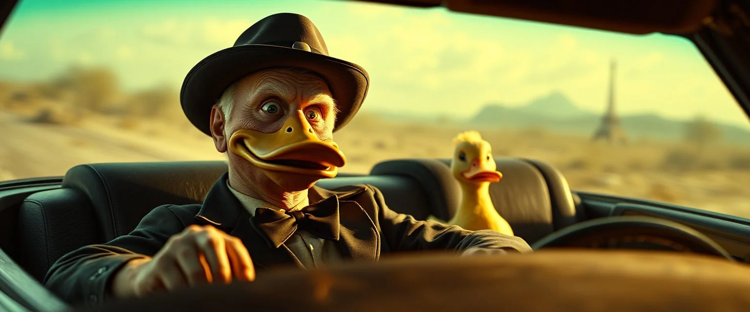hill billy mafia boss In the style of Rembrandt and Fallout 4, Donald in a fast car. Background blur. Movie poster. Wild look.Mad mad and furiosa as ducks.