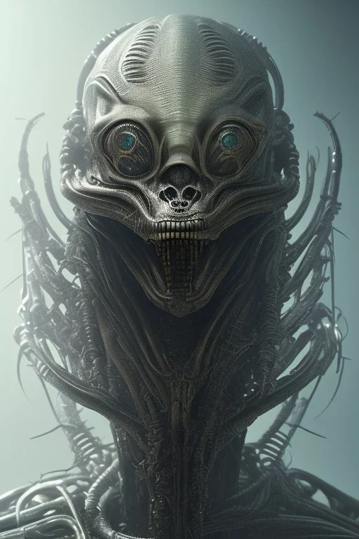 evil predator with crown, alien, brutal face, tron, head, burn eyes, 8k, finely detailed, dark light, photo realistic, hr giger, cyberpunk