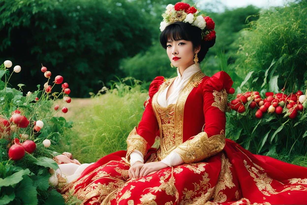 (in the style of Orion, by Masamune Shirow) Cy est Pourtraicte, Madame Ste Ursule, et les Unze Mille Vierges (photo from a movie by Quentin Tarantino) She dressed in red and gold brocade And in the grass an offering made of radishes and flowers. Ursula, in a garden, found A bed of radishes. She kneeled upon the ground And gathered them, With flowers around, Blue, gold, pink, and green.