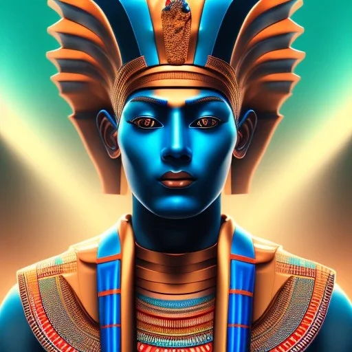 3D close-up of a Egyptian god Iside, high contrast, glowing backlighting, blue and red backlighting, vibrant hair, dark brown eyes, sharp focus, face painting, background blur.