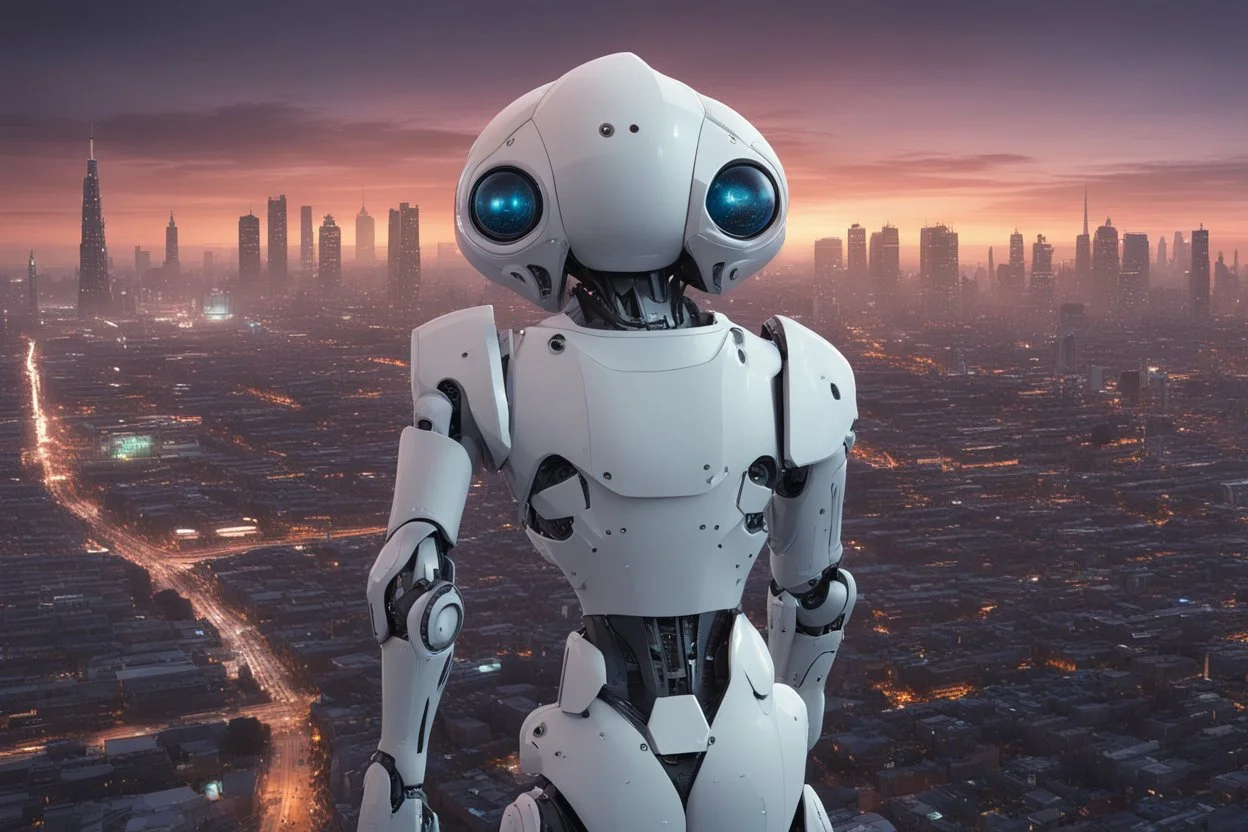 Humanoid looking robot looking out over an alien town skyline at dusk