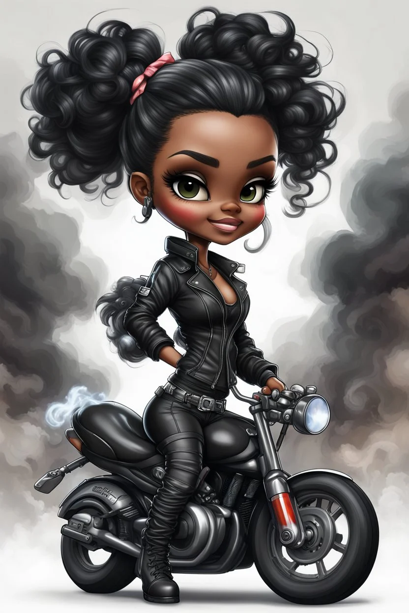 Create a digital airbrush illustration of a chibi cartoon full figure black female riding a sports motorcycle. She is wearing tie dye and black tights with biker boots. Prominent make up with log lashes and hazel eyes. Extremely highly detailed black shiny wavy hair up in a messy bun. Background of smoke surrounding her and the bike and she's at a bike show.