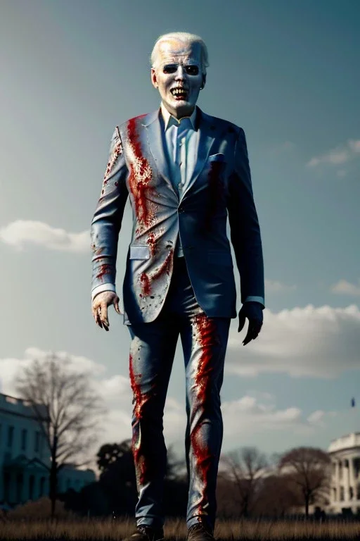 Ultra realistic image, joe biden zombie, zombie performance, suit, skull, blood, torn arm, night, walking twisted, waist up view, thriller style, dark ambient, highly detailed, White House background, concept art, unreal engine 5, god rays, ray tracing, RTX, focal lighting, ultra detail, volumetric lighting, 3d, finely drawn, high definition, high resolution.