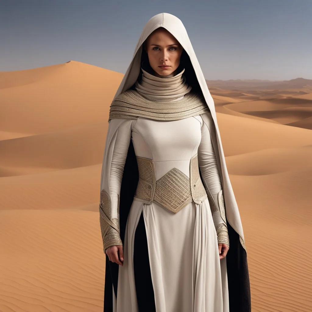 The Bene Gesserit stands amidst the unforgiving desert, a young Bene Gesserit adorned in a stillsuit, a garment as essential as the air she breathes in this harsh environment. The fabric clings to her figure, its intricate design serving a dual purpose—protection and survival. The tight-fitting hood frames her face, shielding it from the relentless sun, while her eyes, sharp and perceptive, scan the horizon for any signs of danger. As she walks, each step kicks up a small cloud of sand, leaving