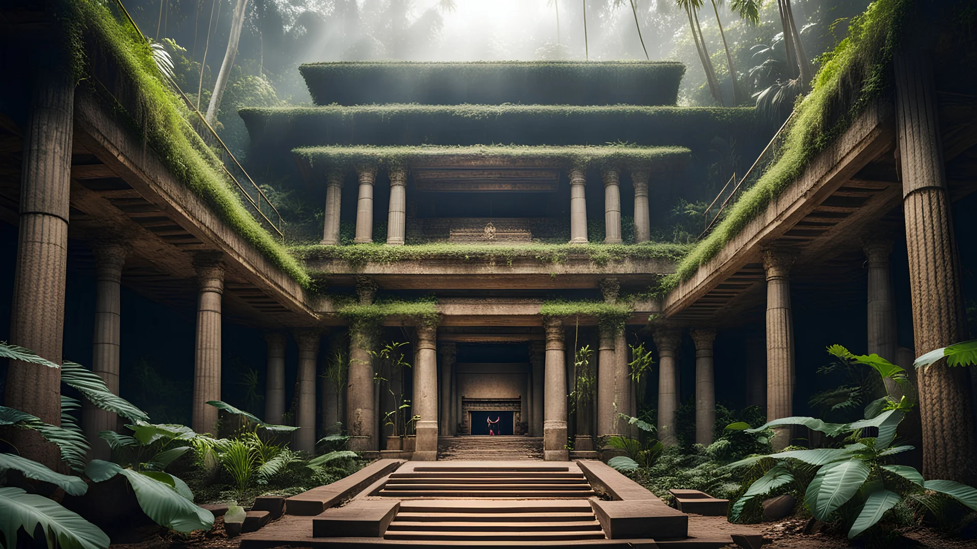 A huge p.a. loudspeakersystem beneath a temple in the rainforest