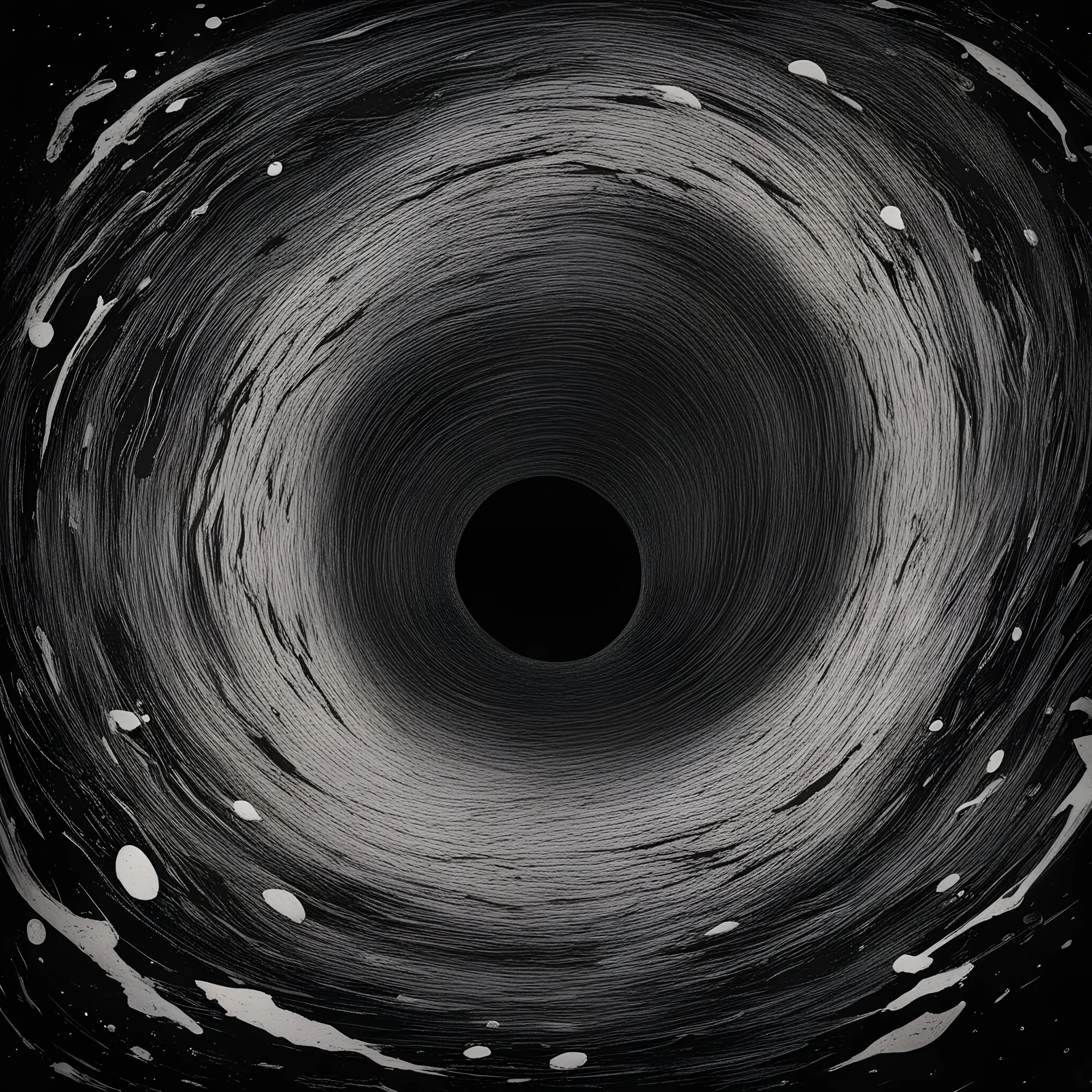 alone in the void drifting towards a blackhole and the inevitable end in pollock art style