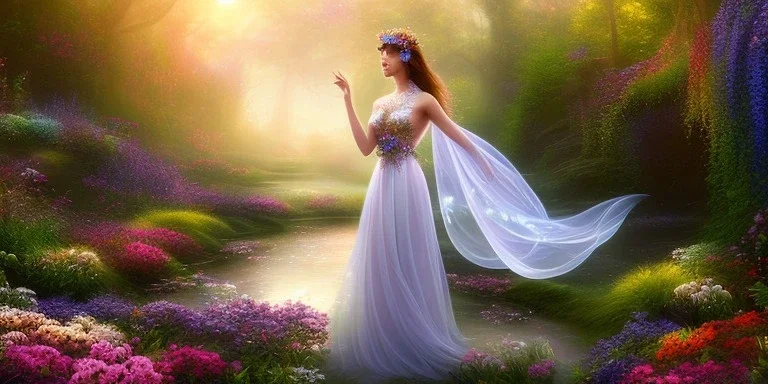 bright fairy, beautiful portrait, flowery landscape